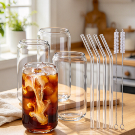 Drinking Glasses with Glass Straw 4pcs Set - 16oz Highball Glass Cups, Beer Glasses, Iced Coffee Glasses, Cute Tumbler Cup, Ideal for Whiskey, Soda, Tea, Water, Gift, 2 Brushes