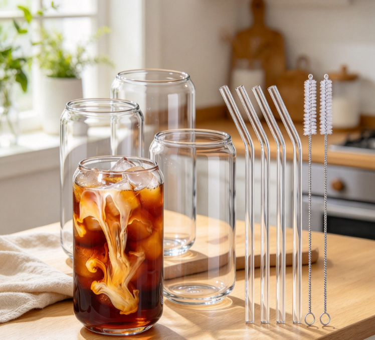 Drinking Glasses with Glass Straw 4pcs Set - 16oz Highball Glass Cups, Beer Glasses, Iced Coffee Glasses, Cute Tumbler Cup, Ideal for Whiskey, Soda, Tea, Water, Gift, 2 Brushes