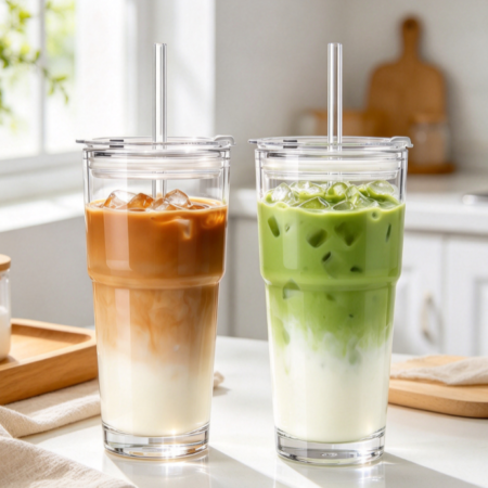 20oz Clear Glass Cup with Lid and Glass Straw, Set of 2 Thickened Glass Coffee Tumblers, Drinking Glasses with Straw for Smoothie, Tea, Milk, Whiskey, Water and More – Elegant & Durable