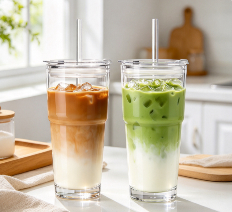 20oz Clear Glass Cup with Lid and Glass Straw, Set of 2 Thickened Glass Coffee Tumblers, Drinking Glasses with Straw for Smoothie, Tea, Milk, Whiskey, Water and More – Elegant & Durable