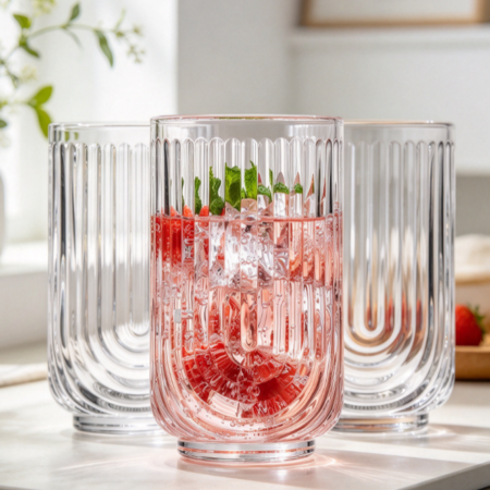 Drinking Glasses Set of 8. 17oz  Drinking Cups. Ripple Cocktail Glasses, Ribbed Drinking Highball Glass Cups. Arch Designed Art Deco Glassware for Water Juice Coffee. Package may Vary