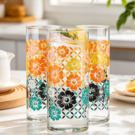 Flower Drinking Glasses Set of 4, Colorful, Retro Floral Design Glass Cups Set, Dishwasher Safe Water Glasses Set for Beverages
