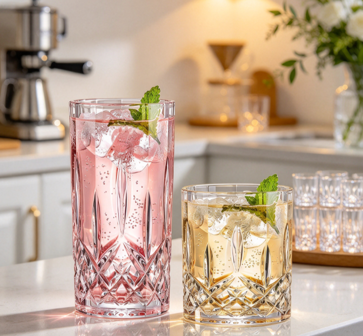 Drinking Glasses, 8 Piece Crystal Glass Cups, Mixed Glassware Set, 4 pcs Crystal Old Fashioned 11oz Highballs and 4 pcs 11oz Whiskey Glasses, Great for Cocktail, Whisky and other Beverages