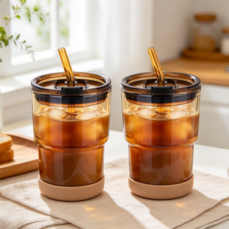 13 oz Glass Water Tumbler with Straw and Lid, 2 Pack Reusable Glass Water Cup With Silicone Bumper, Sealed Carry-On Thick Wall Drinking Cups for Iced Coffee, Iced Tea, Fruit Juice (Amber-2Pcs)