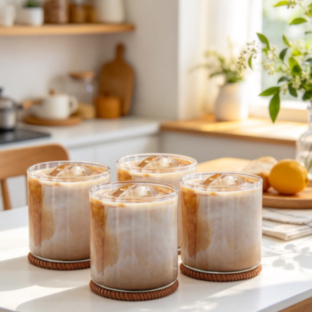4 Pcs Drinking Glasses Iced Glass Coffee Cups 12 OZ 350 ML Clear Thick Water Glass  Glassware for Coffee Bar Water Tumbler for Beer, Cocktail, Whiskey, Juice, Dishwasher Safe