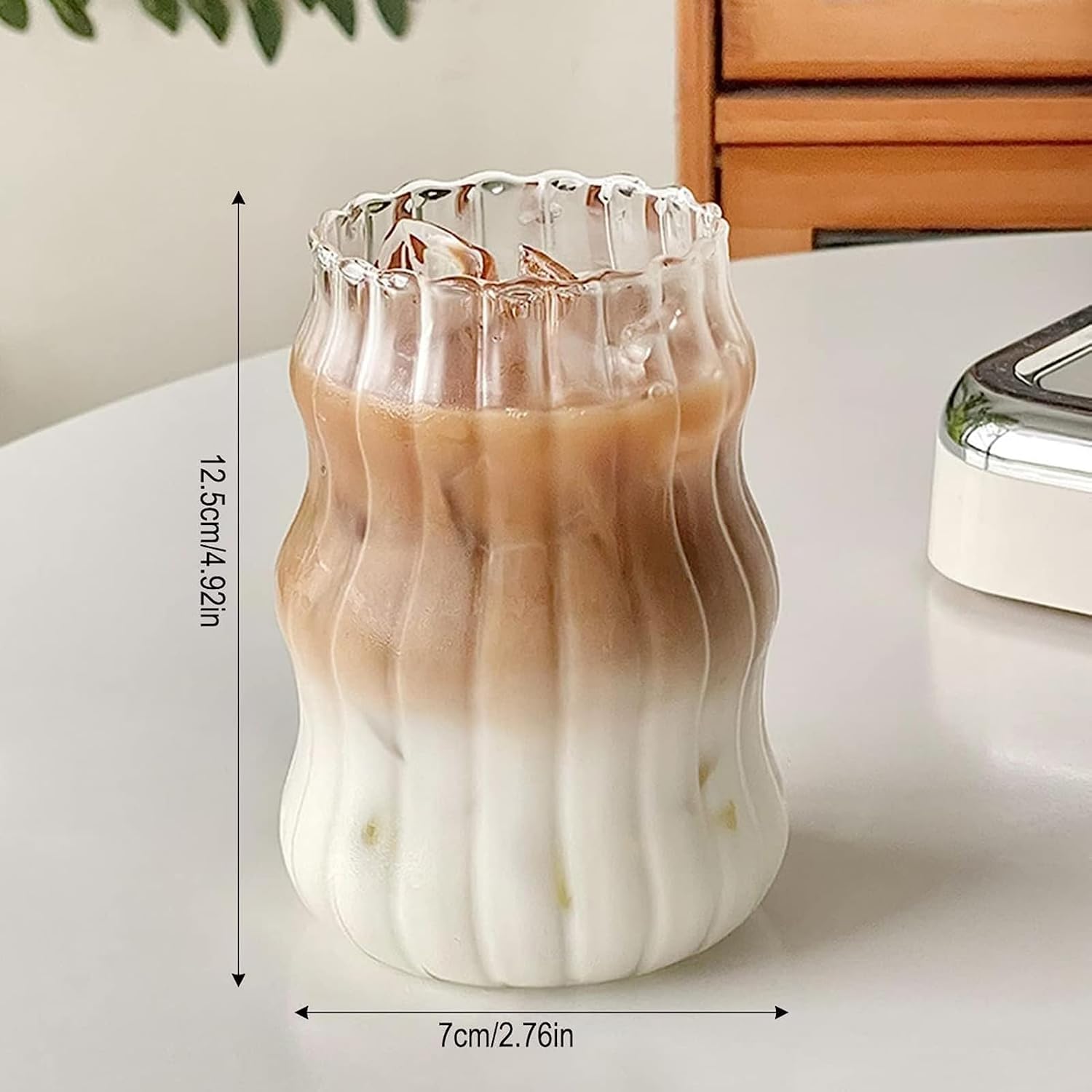2 Pcs Ribbed Glass Cups, 18 Oz Drinking Glassware with Wave Shape Design, Bubble Cups for Iced Coffee, Juice, Beverage, Milk, Cocktails, Bubble Tea, and More - Image 2