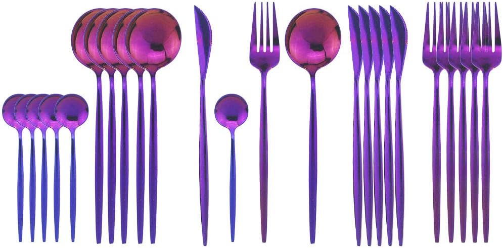 Silverware Sets, 24-Piece Stainless Steel Flatware/Cutlery/Tableware Set Service for 6 Person, Include Knife/Fork/Spoon, Mirror Polished (Purple)