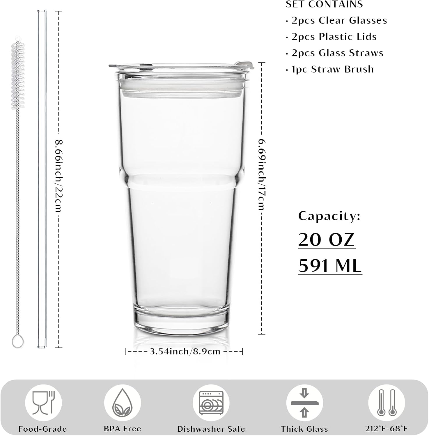 20oz Clear Glass Cup with Lid and Glass Straw, Set of 2 Thickened Glass Coffee Tumblers, Drinking Glasses with Straw for Smoothie, Tea, Milk, Whiskey, Water and More – Elegant & Durable - Image 2