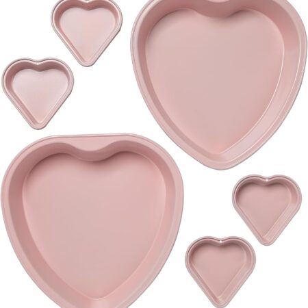 Heart Shaped Nonstick Bakeware Set, Easy Release Carbon Steel, Includes two 9.5-Inch Pans and four Mini 3.5-Inch Pans, Dishwasher Safe, Made without PFAS or PFOA, 6-Piece Set, Pink