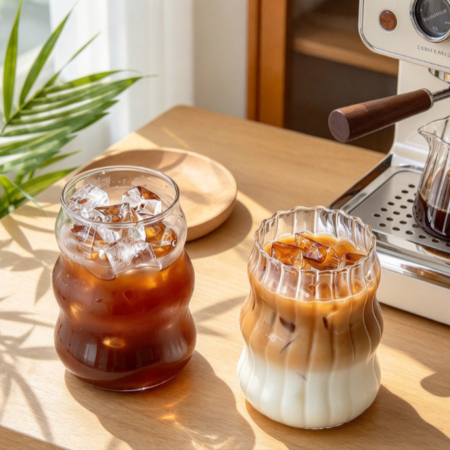 2 Pcs Ribbed Glass Cups, 18 Oz  Drinking Glassware with Wave Shape Design, Bubble Cups for Iced Coffee, Juice, Beverage, Milk, Cocktails, Bubble Tea, and More