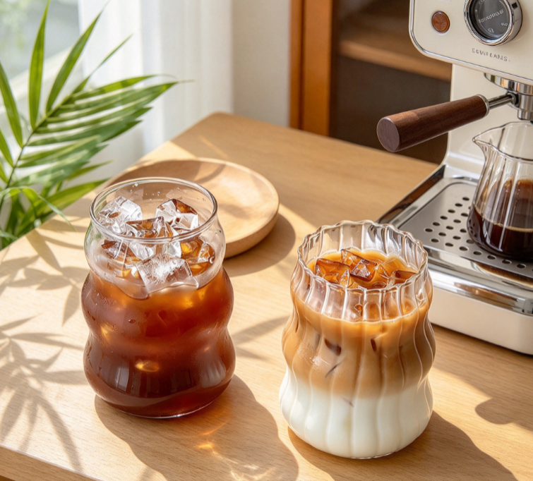 2 Pcs Ribbed Glass Cups, 18 Oz Drinking Glassware with Wave Shape Design, Bubble Cups for Iced Coffee, Juice, Beverage, Milk, Cocktails, Bubble Tea, and More