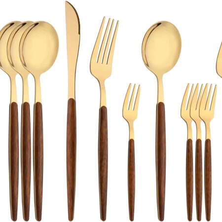 16-Piece Silverware Set with Cake Fork, Gold Stainless Steel Flatware Cutlery Set, Eating Utensils Set with Wooden effect Handle, Include Knife Fork Spoon, Mirror Polished, Dishwasher Safe