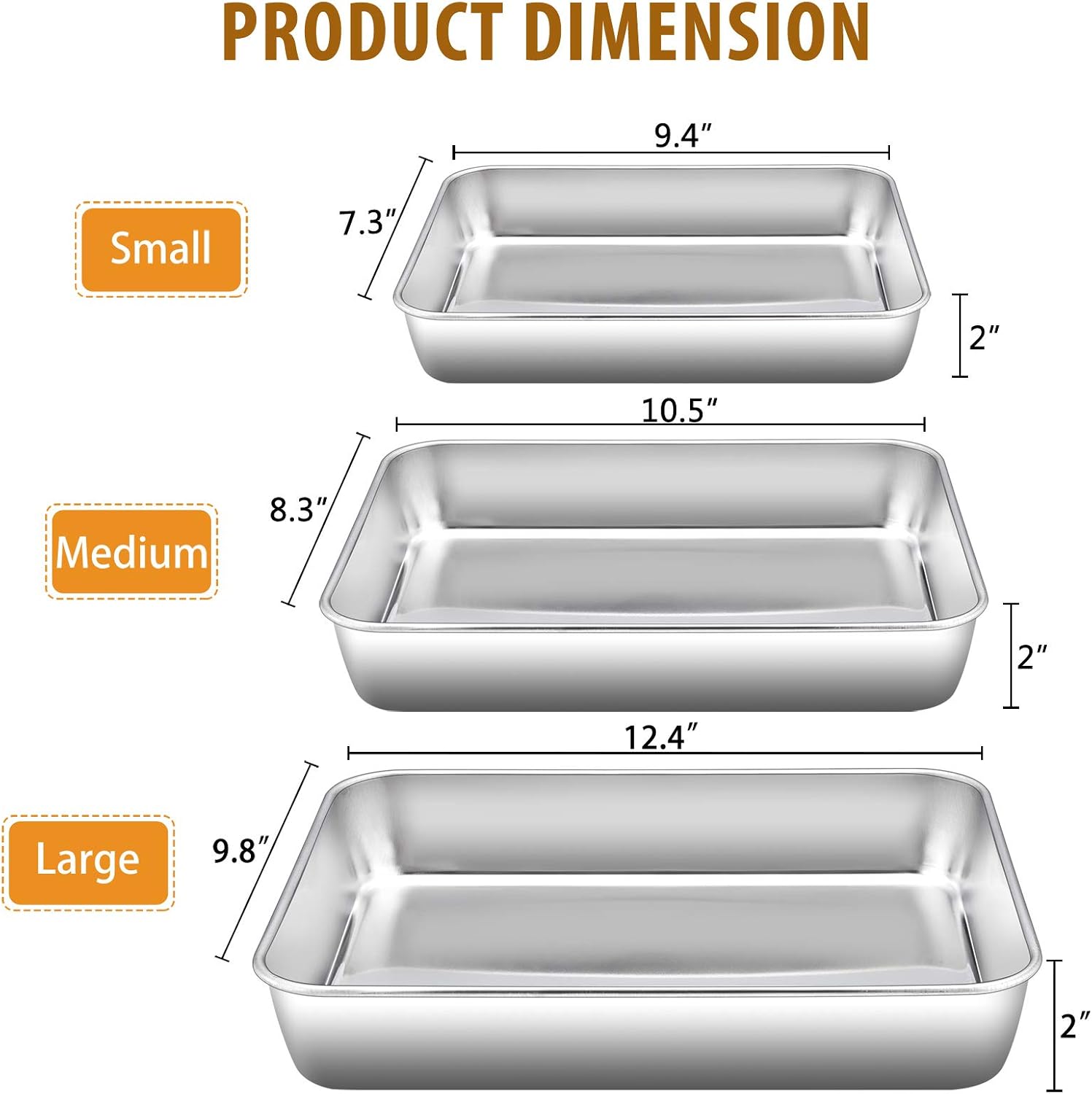 Baking Pans Set of 3, Stainless Steel Sheet Cake Pan for Oven - 12.5/10.5/9.4Inch, Rectangle Bakeware Set for Cake Lasagna Brownie Casserole Cookie, Non-toxic & Healthy, Dishwasher Safe - Image 2