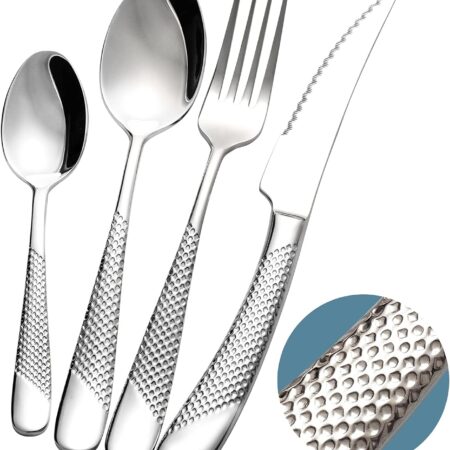 16-Piece Modern Hammered Cutlery Set with Ultra Sharp 2-in-1 Serrated Knife, 18/10 Stainless Steel Silverware Flatware Set Service for 4, Tableware Utensil, Forks Spoons Knives Set
