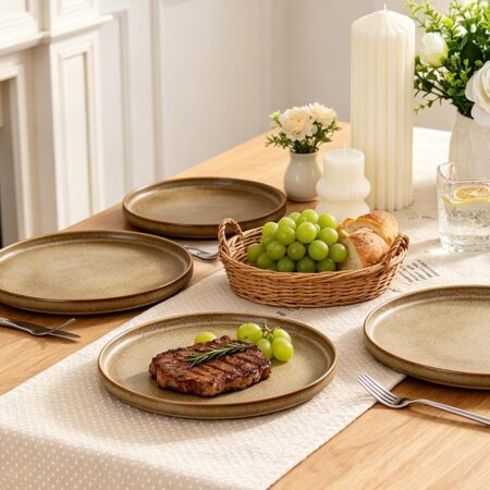 Embossed white ceramic dinner plate