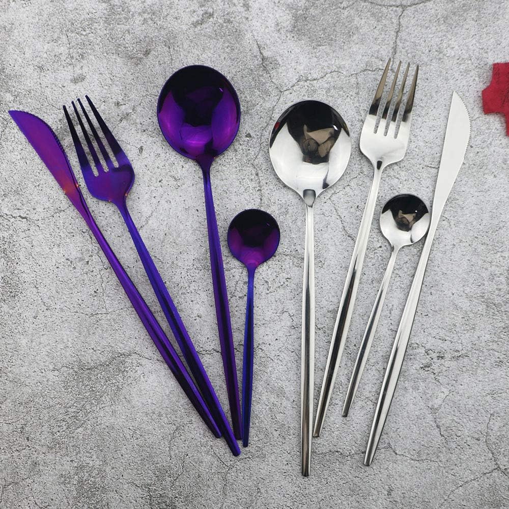 Silverware Sets, 24-Piece Stainless Steel Flatware/Cutlery/Tableware Set Service for 6 Person, Include Knife/Fork/Spoon, Mirror Polished (Purple) - Image 2