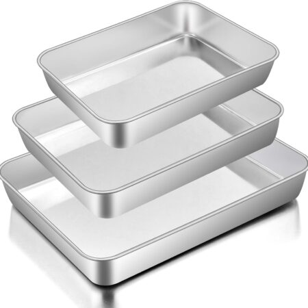 Baking Pans Set of 3, Stainless Steel Sheet Cake Pan for Oven - 12.5/10.5/9.4Inch, Rectangle Bakeware Set for Cake Lasagna Brownie Casserole Cookie, Non-toxic & Healthy, Dishwasher Safe
