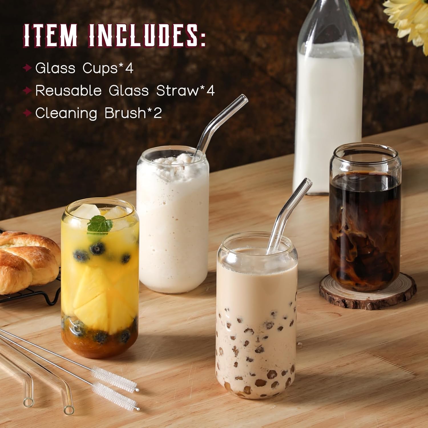 Drinking Glasses with Glass Straw 4pcs Set - 16oz Highball Glass Cups, Beer Glasses, Iced Coffee Glasses, Cute Tumbler Cup, Ideal for Whiskey, Soda, Tea, Water, Gift, 2 Brushes - Image 2