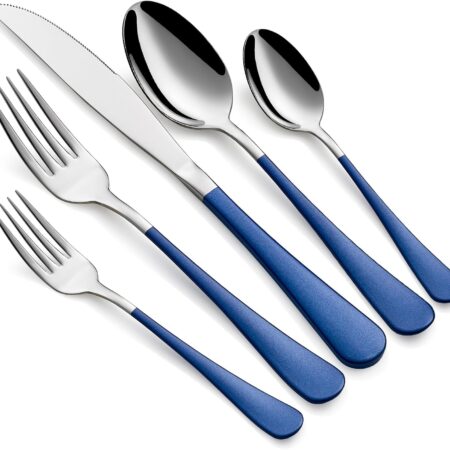Colorful Silverware Set 20 Piece 18/0 Stainless Steel Flatware Sapphire Blue Handle Cutlery Set Service for 4 Fork Knife Spoon Set Mirror Finish Dishwasher Safe