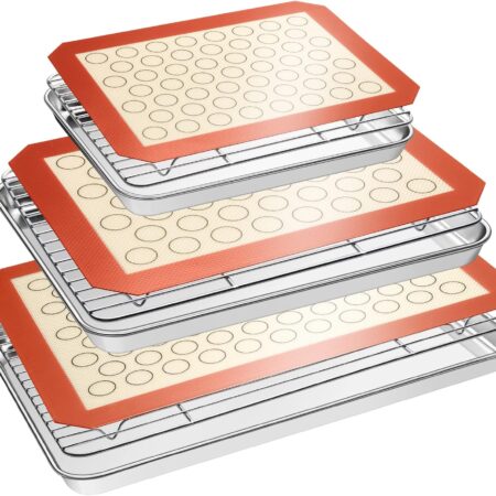 Baking Sheet Tray Cooling Rack with Silicone Baking Mat Set, Stainless Steel Cookie Pan For Oven, Set of 9 (3 Sheets + 3 Racks + 3 Mats), Warp Resistant & Heavy Duty & Easy Clean, Red