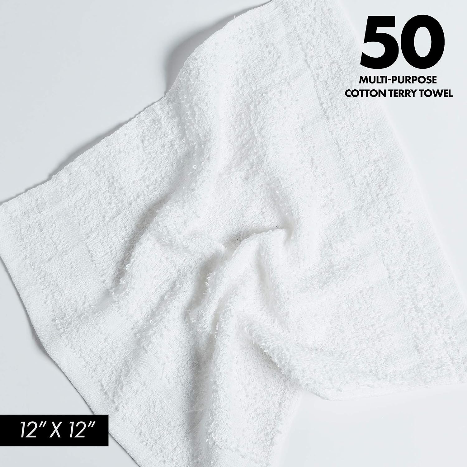 Cotton Terry Towels Cleaning Cloths, 100% Cotton Terry Cloth Bar Rags White Bar Towels, Multipurpose High Absorbent Terry Towels for Cleaning Auto Detailing or Painters 12"x12" (50 Pack, White) - Image 2