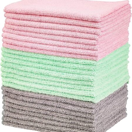 Microfiber Cleaning Cloths, Non-Abrasive, Reusable and Washable, Pack of 24, Green/Gray/Pink, 16" x 12"