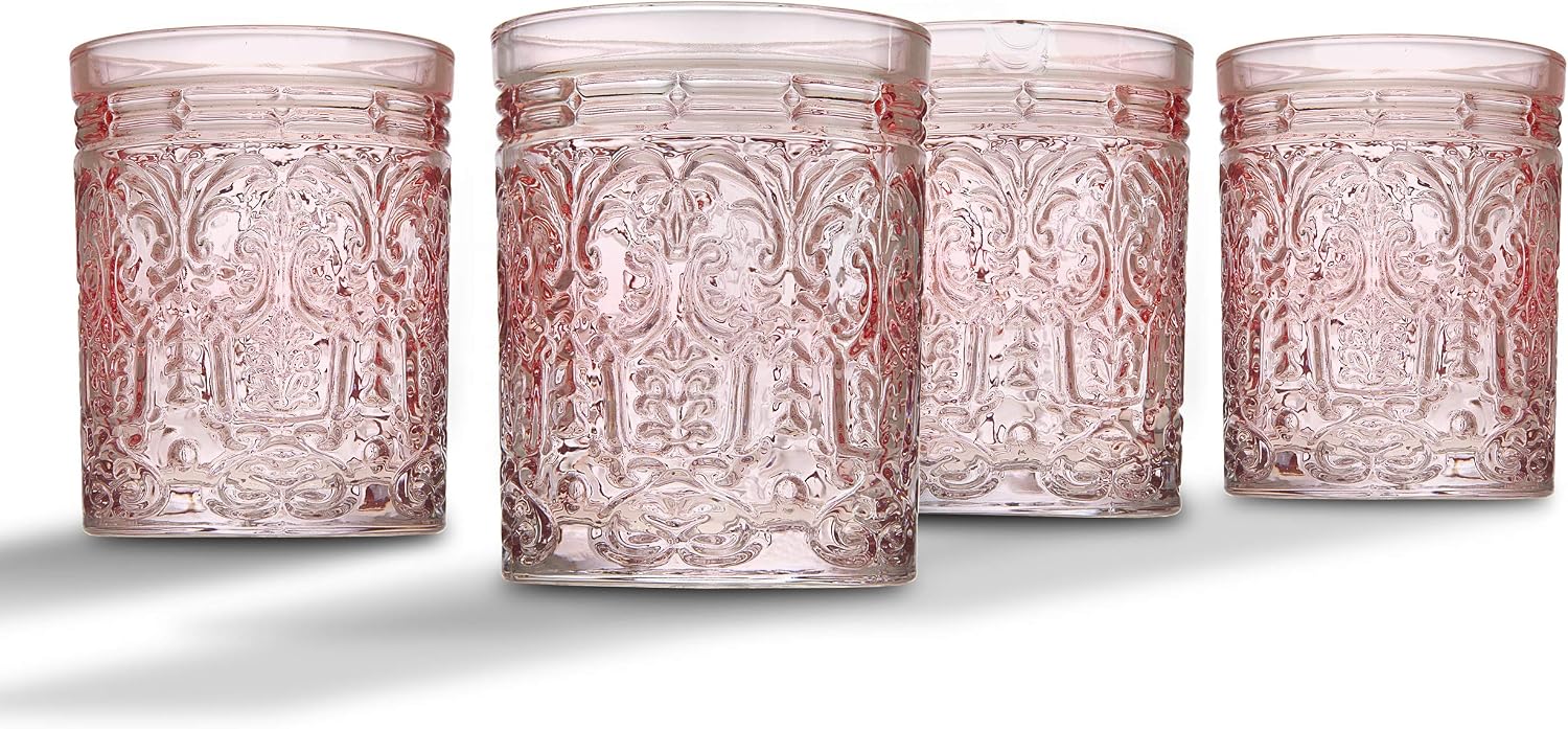 Old Fashioned Whiskey Glasses, Drinking Glasses, Decor, Glass Cups, Water Glasses, Cocktail Glasses - Jax Collection, 12oz, Pink, Set of 4